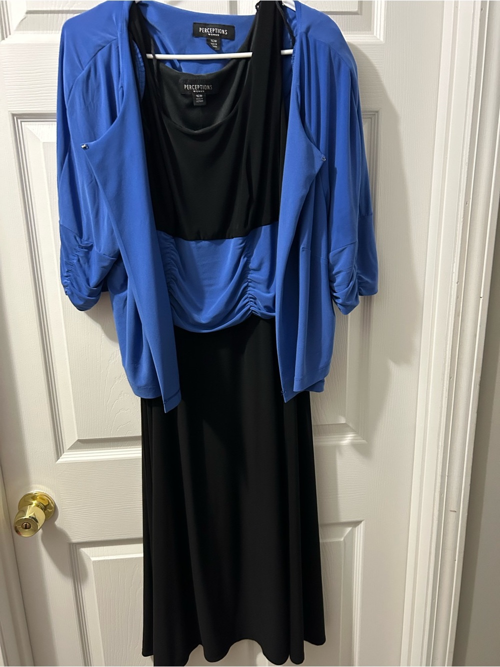 Perceptions Woman 16W Blue Black 2 Piece Dress Set Ruched Sleeve Jacket